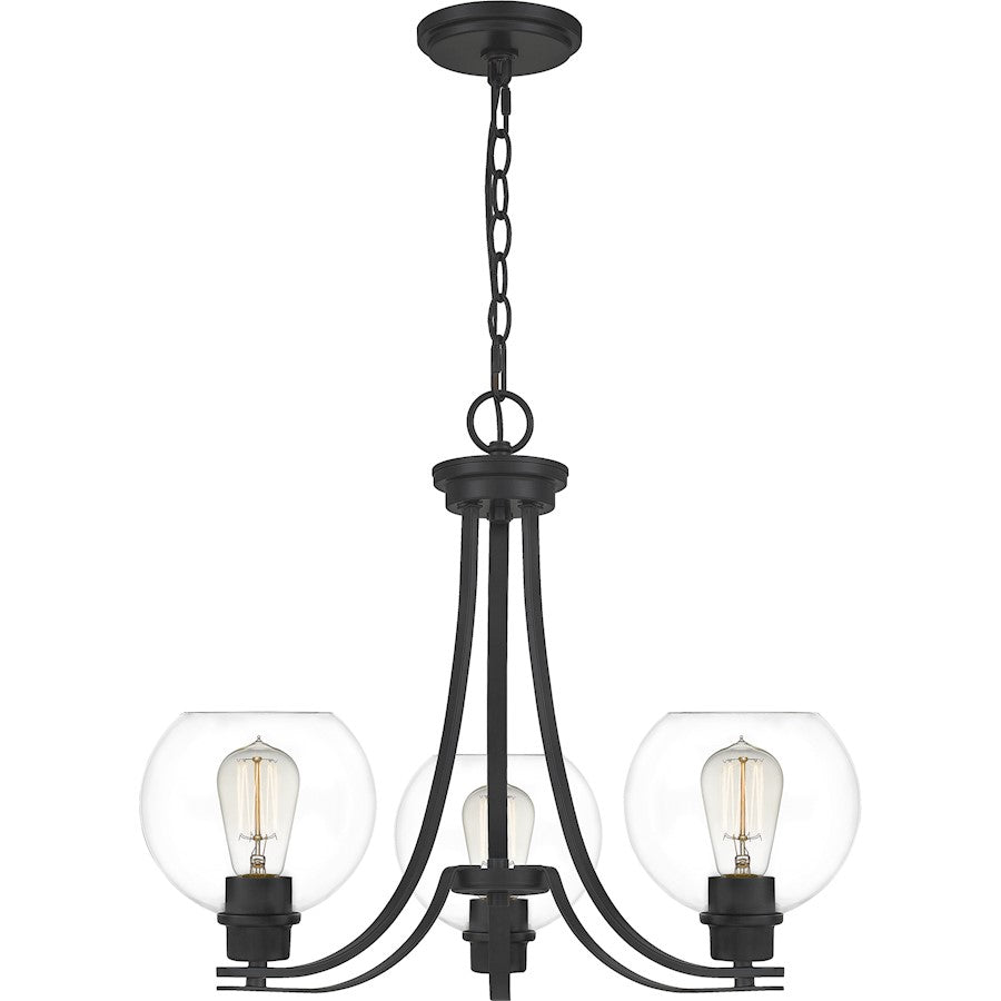 Quoizel Pruitt 3 Light Chandelier, Matte Black/Clear