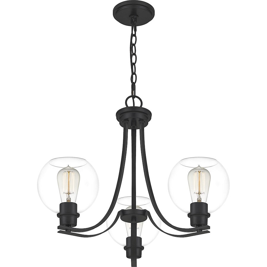 Quoizel Pruitt 3 Light Chandelier, Matte Black/Clear