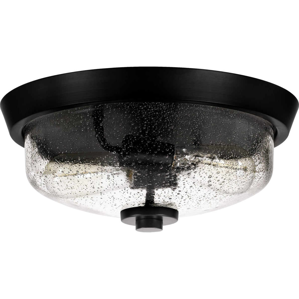 Quoizel Radius 13in 2-Light Flush Mount | Industrial Earth Black and Clear Seedy Glass | Hallway & Foyer | 13 x 13 x 5.5 in | Model QF3414EK