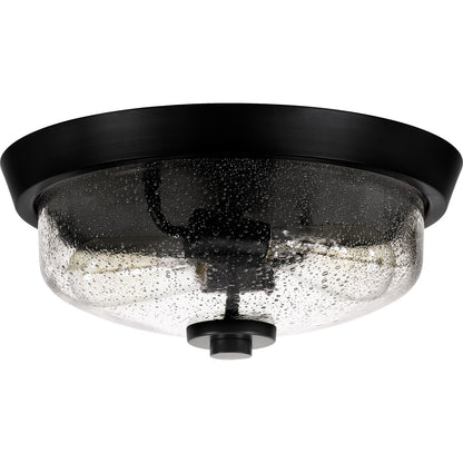 Quoizel Radius 13in 2-Light Flush Mount | Industrial Earth Black and Clear Seedy Glass | Hallway & Foyer | 13 x 13 x 5.5 in | Model QF3414EK