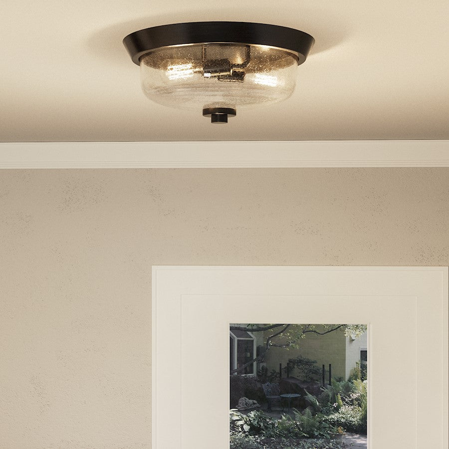 Quoizel Radius 13in 2-Light Flush Mount | Industrial Earth Black and Clear Seedy Glass | Hallway & Foyer | 13 x 13 x 5.5 in | Model QF3414EK
