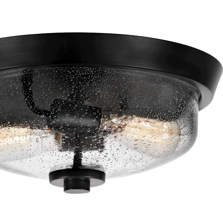 Quoizel Radius 13in 2-Light Flush Mount | Industrial Earth Black and Clear Seedy Glass | Hallway & Foyer | 13 x 13 x 5.5 in | Model QF3414EK