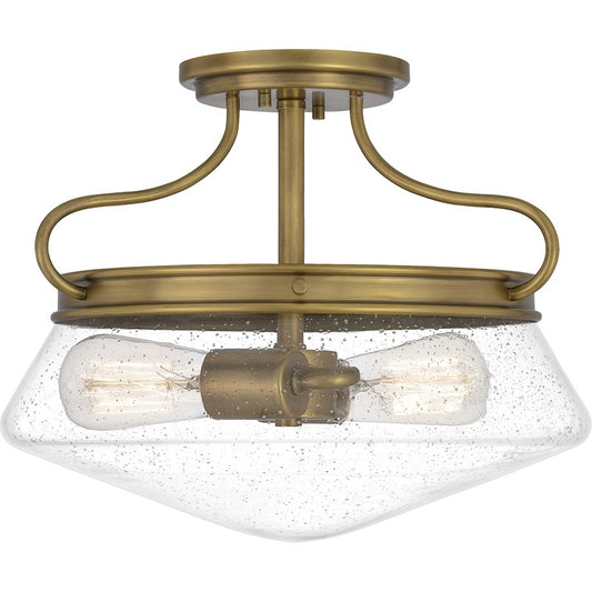 Quoizel Tucker 2 Light Semi-Flush Mount, Weathered Brass/Seeded Glass