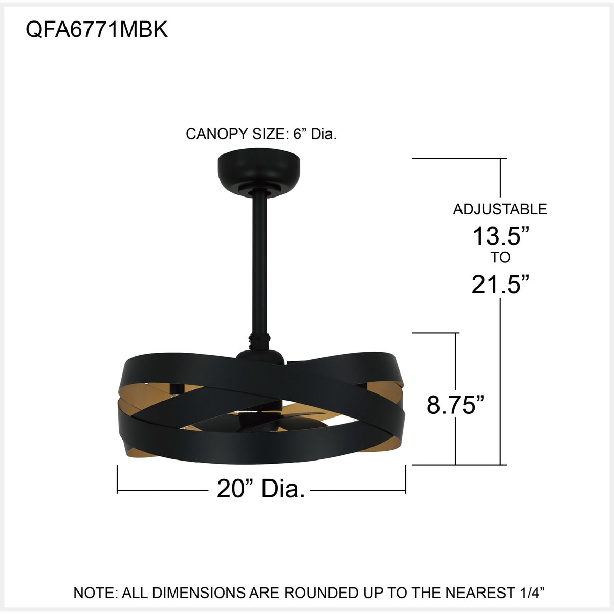 Quoizel Zito 20in 3-Light Ceiling Fan | Modern Matte Black and Gold Metal | Bedroom & Living Room | 20 x 20 x 8.75 in | Model QFA6771MBK