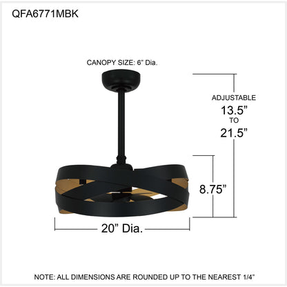 Quoizel Zito 20in 3-Light Ceiling Fan | Modern Matte Black and Gold Metal | Bedroom & Living Room | 20 x 20 x 8.75 in | Model QFA6771MBK