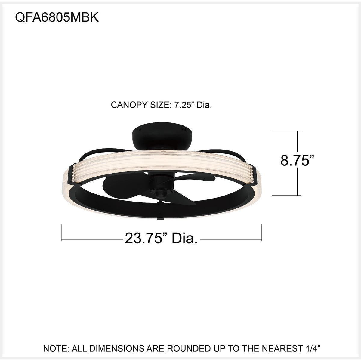 Quoizel Elrod 23.75in LED Ceiling Fan | Contemporary Matte Black and Clear Ribbed Acrylic | Bedroom & Living Room | Model QFA6805MBK