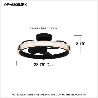 Quoizel Elrod 23.75in LED Ceiling Fan | Contemporary Matte Black and Clear Ribbed Acrylic | Bedroom & Living Room | Model QFA6805MBK