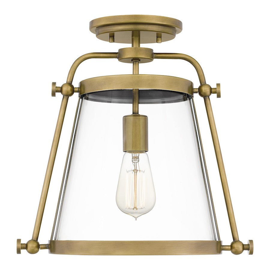 Quoizel Cardiff 1 Light Semi-Flush Mount, Weathered Brass/Clear
