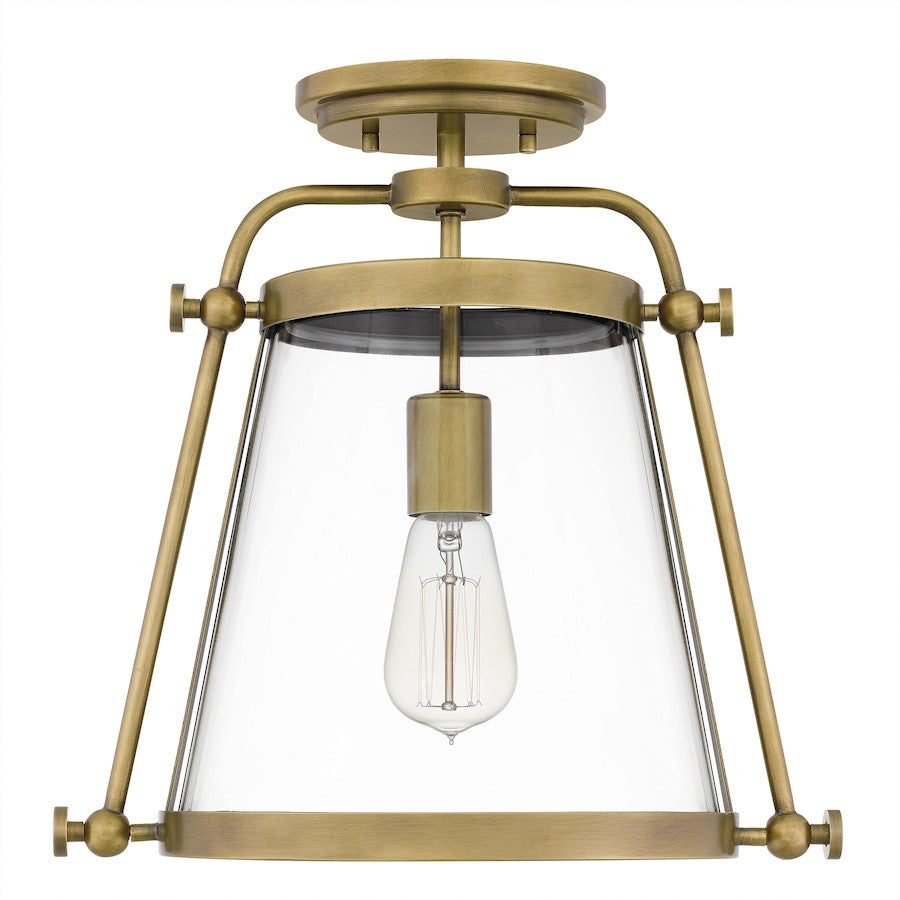 Quoizel Cardiff 1 Light Semi-Flush Mount, Weathered Brass/Clear