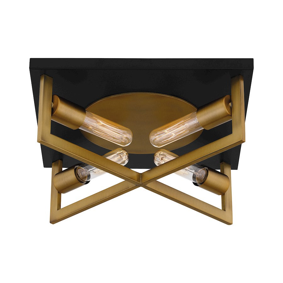 Quoizel Brunson 14in 4-Light Flush Mount | Industrial Aged Brass Steel | Entryway & Hallway | 14 x 14 x 5.5 in | Model QFL5353AB