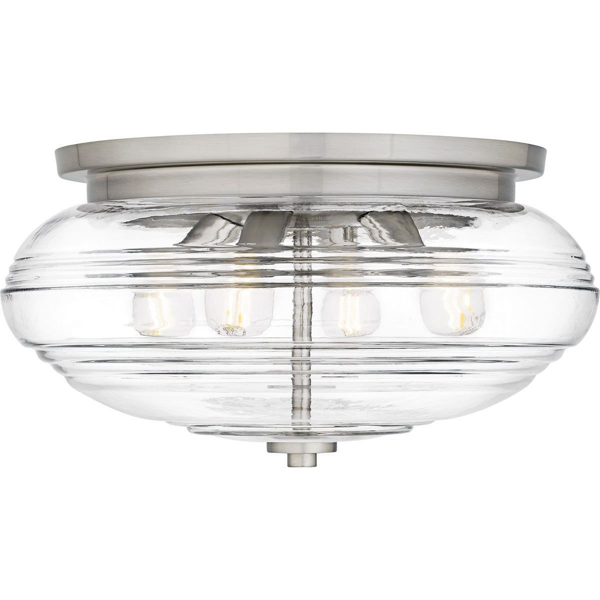 Quoizel Gatonby 16in 4-Light Flush Mount | Transitional Brushed Nickel and Clear Ribbed Glass | Entryway & Hallway | Model QFL6773BN