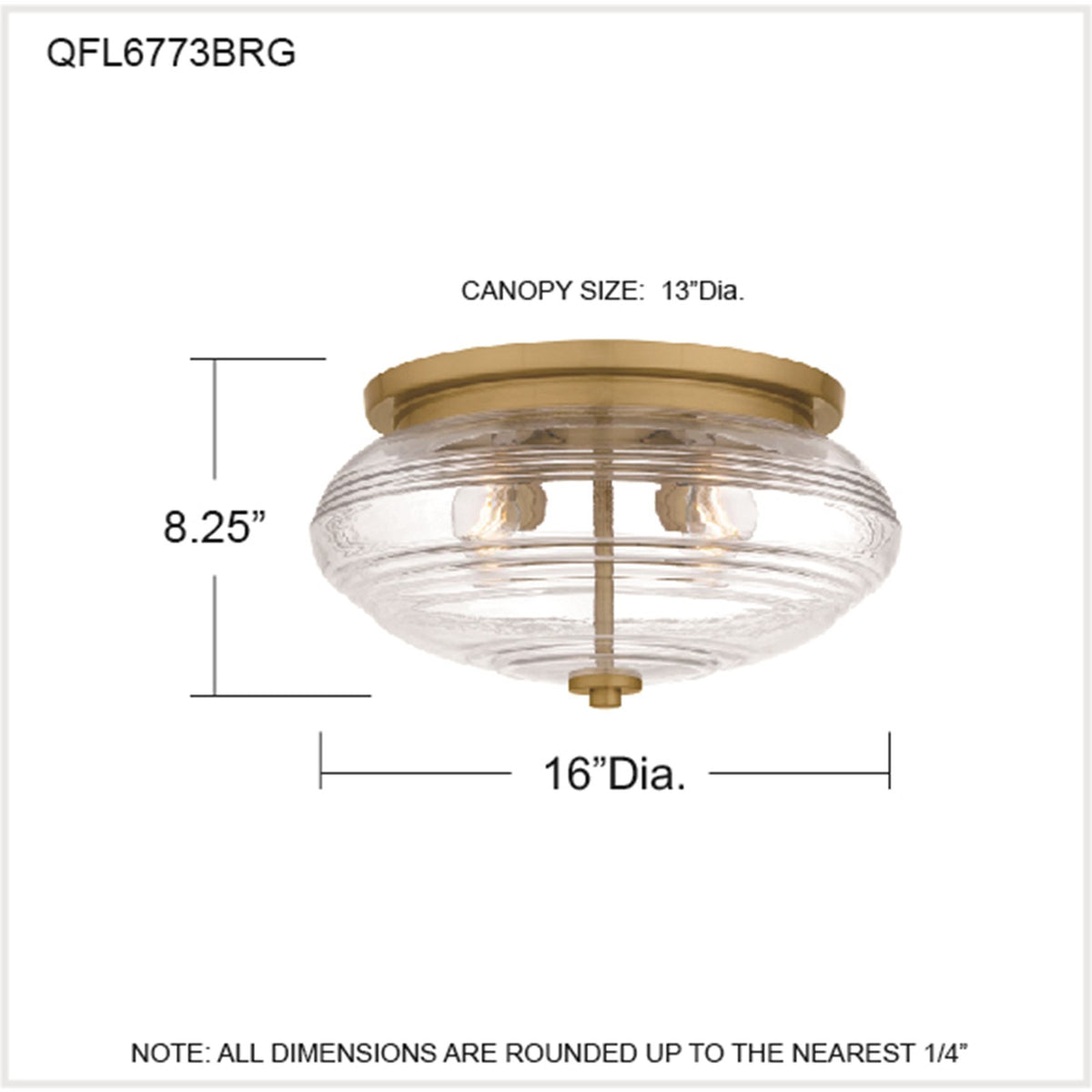 Quoizel Gatonby 16in 4-Light Flush Mount | Transitional Brushed Gold and Clear Ribbed Glass | Entryway & Hallway | Model QFL6773BRG