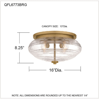 Quoizel Gatonby 16in 4-Light Flush Mount | Transitional Brushed Gold and Clear Ribbed Glass | Entryway & Hallway | Model QFL6773BRG