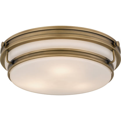 Quoizel Grafton 16in 3-Light Flush Mount | Industrial Weathered Brass and Opal Etched Glass | Bedroom & Hallway | 16 x 16 x 4.25 in | Model QFL6776WS