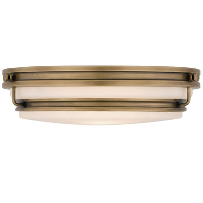 Quoizel Grafton 16in 3-Light Flush Mount | Industrial Weathered Brass and Opal Etched Glass | Bedroom & Hallway | 16 x 16 x 4.25 in | Model QFL6776WS