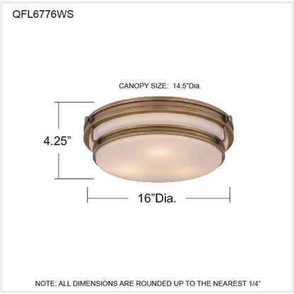 Quoizel Grafton 16in 3-Light Flush Mount | Industrial Weathered Brass and Opal Etched Glass | Bedroom & Hallway | 16 x 16 x 4.25 in | Model QFL6776WS