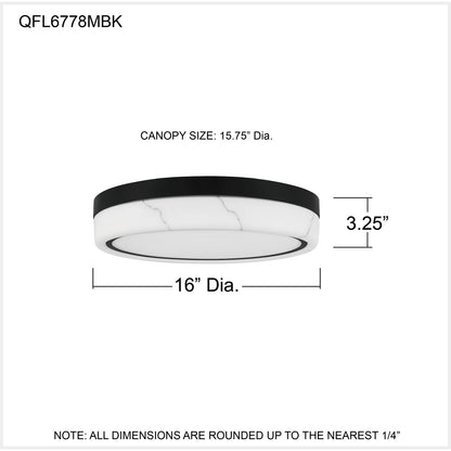 Quoizel Gasper 16in LED Flush Mount | Contemporary Matte Black and Alabaster Glass | Bedroom & Hallway | 16 x 16 x 3.25 in | Model QFL6778MBK