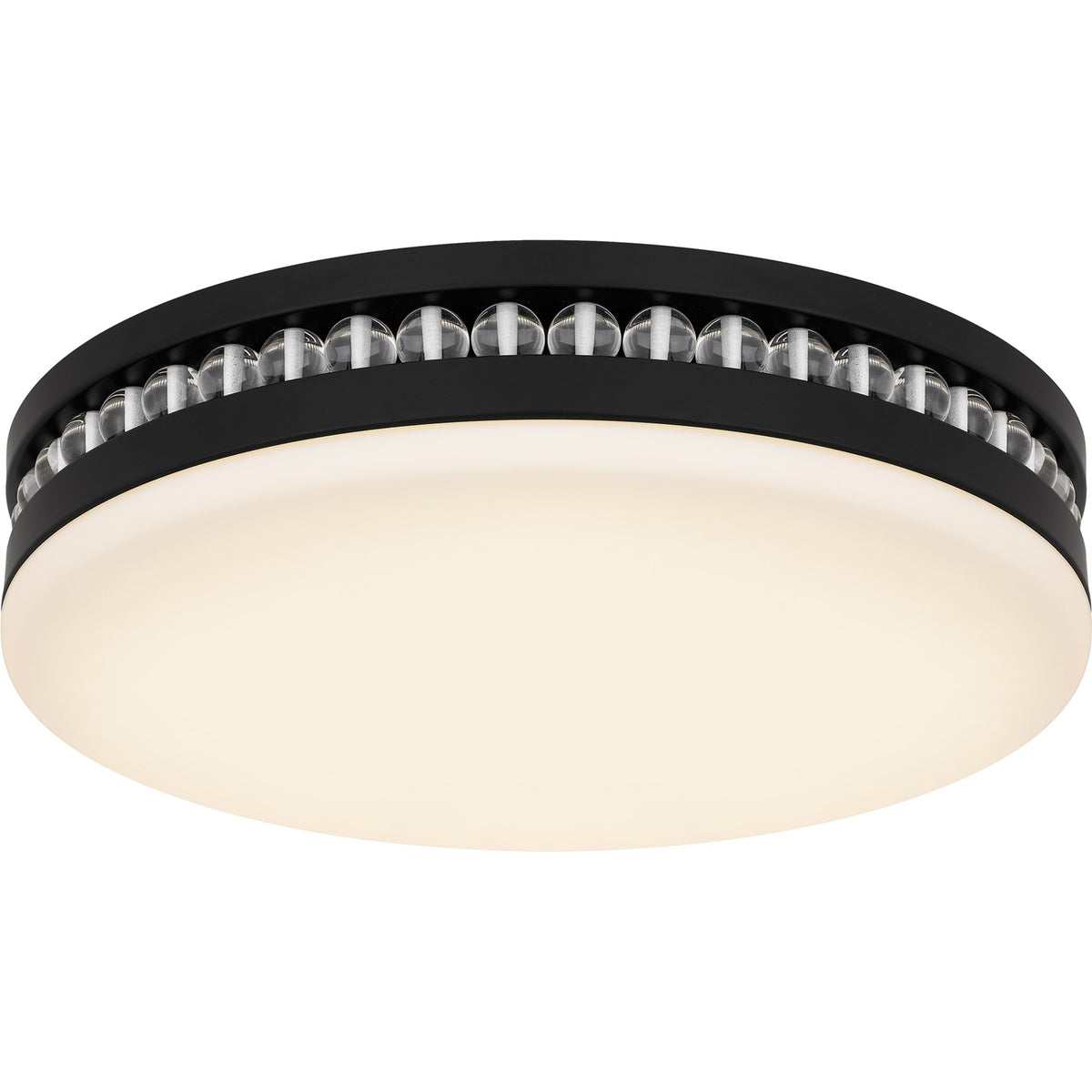 Quoizel Carey 16in LED Flush Mount | Glam Matte Black and Opal Etched Glass | Bedroom & Hallway | 16 x 16 x 3.5 in | Model QFL6785MBK