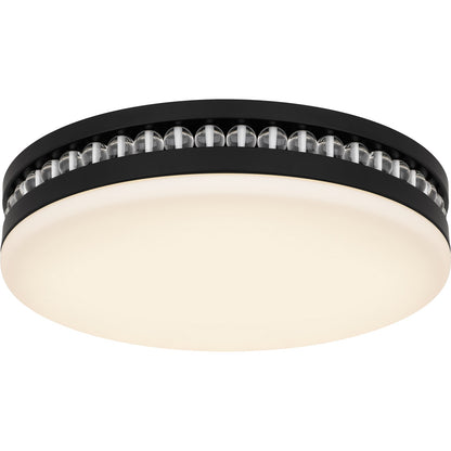 Quoizel Carey 16in LED Flush Mount | Glam Matte Black and Opal Etched Glass | Bedroom & Hallway | 16 x 16 x 3.5 in | Model QFL6785MBK
