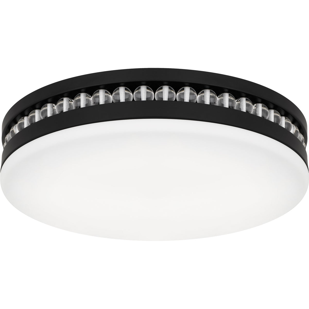 Quoizel Carey 16in LED Flush Mount | Glam Matte Black and Opal Etched Glass | Bedroom & Hallway | 16 x 16 x 3.5 in | Model QFL6785MBK