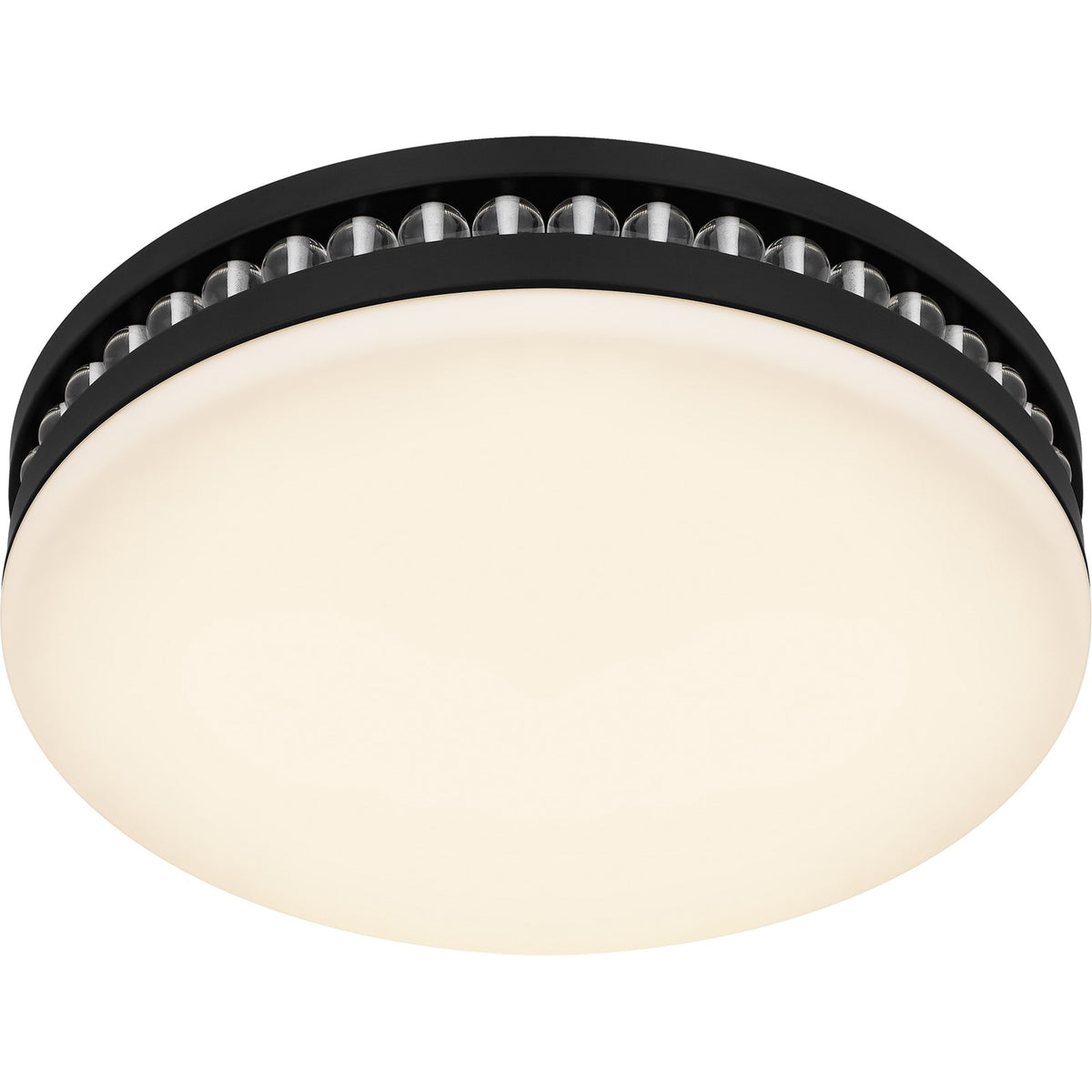 Quoizel Carey 16in LED Flush Mount | Glam Matte Black and Opal Etched Glass | Bedroom & Hallway | 16 x 16 x 3.5 in | Model QFL6785MBK