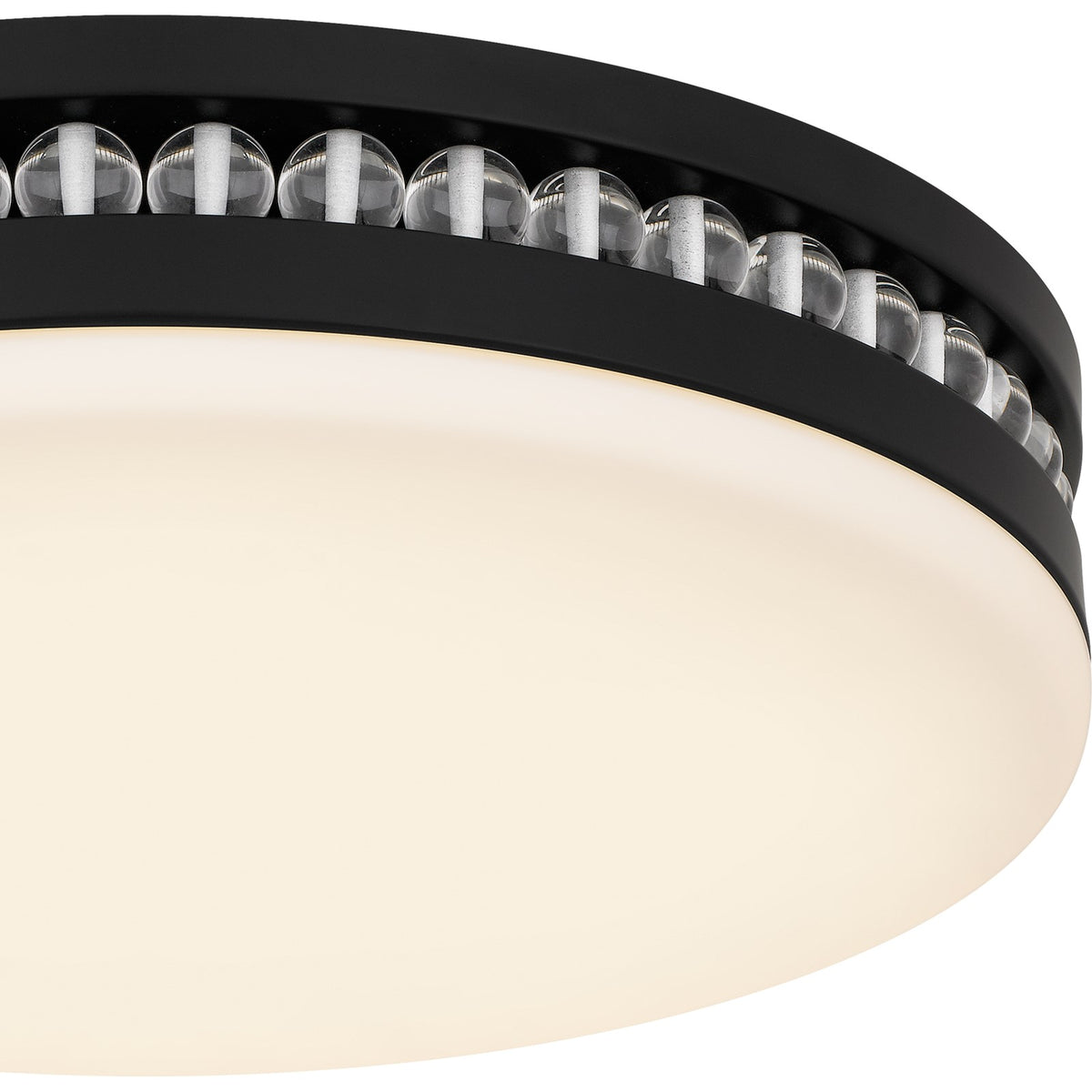 Quoizel Carey 16in LED Flush Mount | Glam Matte Black and Opal Etched Glass | Bedroom & Hallway | 16 x 16 x 3.5 in | Model QFL6785MBK
