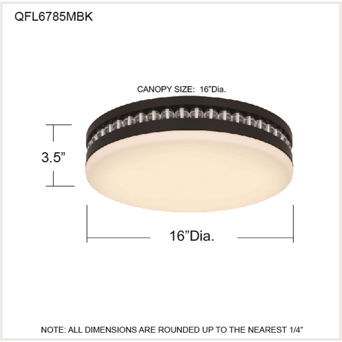 Quoizel Carey 16in LED Flush Mount | Glam Matte Black and Opal Etched Glass | Bedroom & Hallway | 16 x 16 x 3.5 in | Model QFL6785MBK