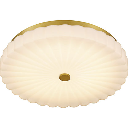 Quoizel Cherbury 16in 3-Light Flush Mount | Modern Brushed Gold and Opal Etched Ribbed Glass | Bedroom & Hallway | Model QFL6787BRG
