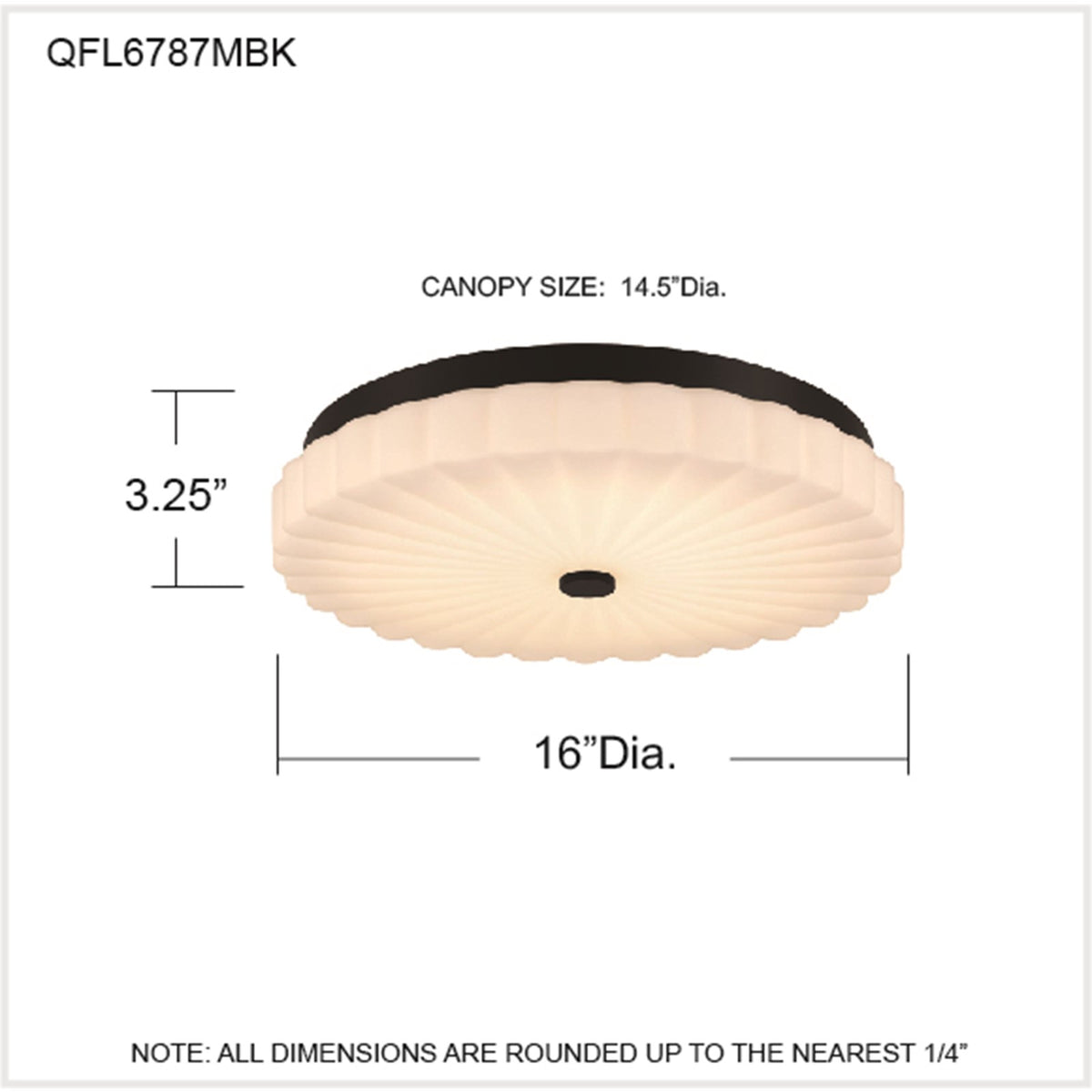 Quoizel Cherbury 16in 3-Light Flush Mount | Modern Matte Black and Opal Etched Ribbed Glass | Bedroom & Hallway | 16 x 16 x 3.25 in | Model QFL6787MBK