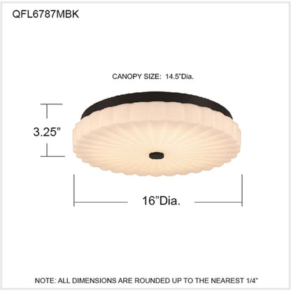 Quoizel Cherbury 16in 3-Light Flush Mount | Modern Matte Black and Opal Etched Ribbed Glass | Bedroom & Hallway | 16 x 16 x 3.25 in | Model QFL6787MBK