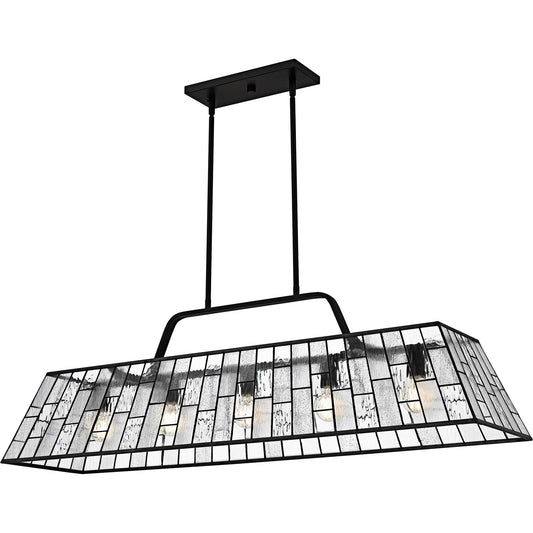 Quoizel Rainier 48in 5-Light Linear Chandelier | Traditional Matte Black and Multitextured Art Glass | Kitchen Island & Dining | Model QLC6176MBK