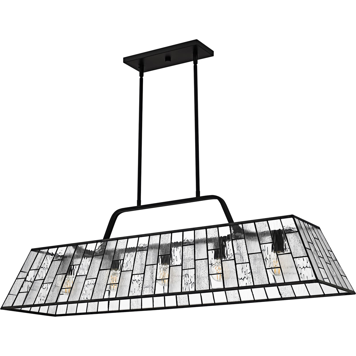 Quoizel Rainier 48in 5-Light Linear Chandelier | Traditional Matte Black and Multitextured Art Glass | Kitchen Island & Dining | Model QLC6176MBK