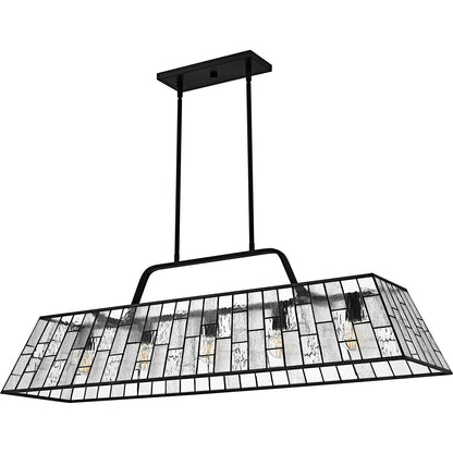 Quoizel Rainier 48in 5-Light Linear Chandelier | Traditional Matte Black and Multitextured Art Glass | Kitchen Island & Dining | Model QLC6176MBK
