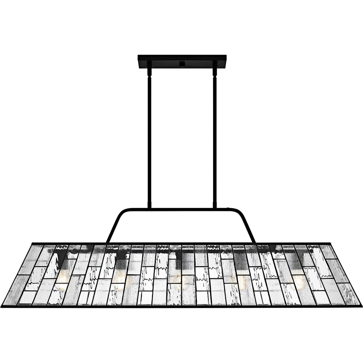 Quoizel Rainier 48in 5-Light Linear Chandelier | Traditional Matte Black and Multitextured Art Glass | Kitchen Island & Dining | Model QLC6176MBK