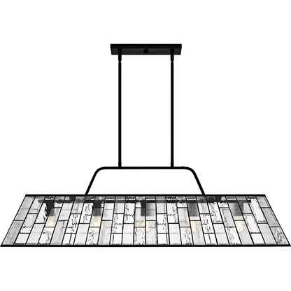 Quoizel Rainier 48in 5-Light Linear Chandelier | Traditional Matte Black and Multitextured Art Glass | Kitchen Island & Dining | Model QLC6176MBK