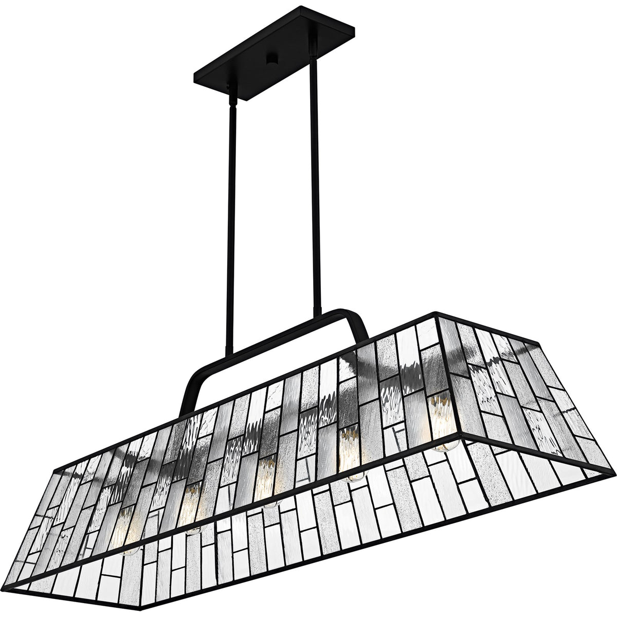 Quoizel Rainier 48in 5-Light Linear Chandelier | Traditional Matte Black and Multitextured Art Glass | Kitchen Island & Dining | Model QLC6176MBK