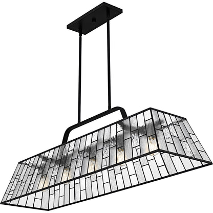 Quoizel Rainier 48in 5-Light Linear Chandelier | Traditional Matte Black and Multitextured Art Glass | Kitchen Island & Dining | Model QLC6176MBK