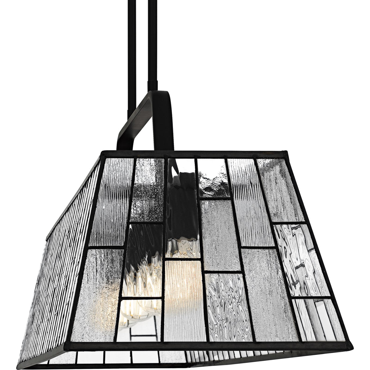Quoizel Rainier 48in 5-Light Linear Chandelier | Traditional Matte Black and Multitextured Art Glass | Kitchen Island & Dining | Model QLC6176MBK