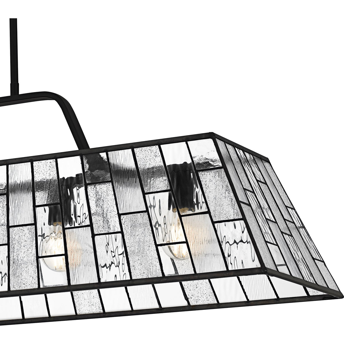 Quoizel Rainier 48in 5-Light Linear Chandelier | Traditional Matte Black and Multitextured Art Glass | Kitchen Island & Dining | Model QLC6176MBK