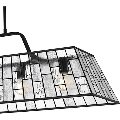 Quoizel Rainier 48in 5-Light Linear Chandelier | Traditional Matte Black and Multitextured Art Glass | Kitchen Island & Dining | Model QLC6176MBK