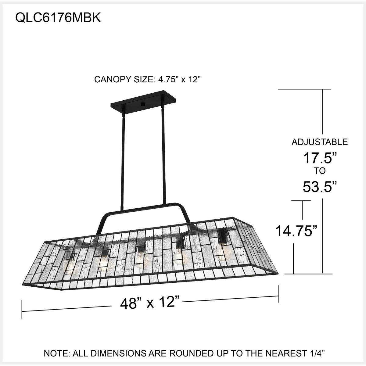 Quoizel Rainier 48in 5-Light Linear Chandelier | Traditional Matte Black and Multitextured Art Glass | Kitchen Island & Dining | Model QLC6176MBK