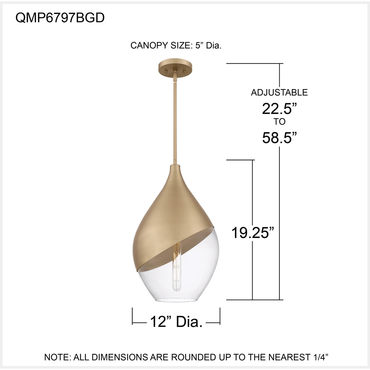 Quoizel Drover 12in 1-Light Pendant | Modern Bronze Gold and Clear Glass | Kitchen Island & Bar Area | 12 x 12 x 20.25 in | Model QMP6797BGD