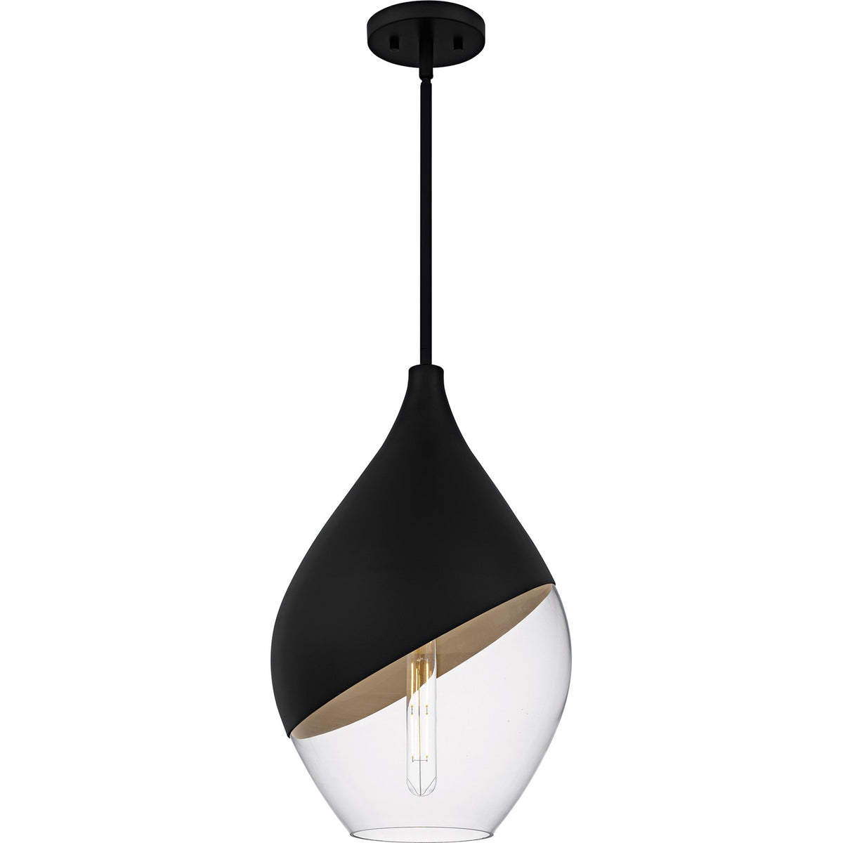 Quoizel Drover 12in 1-Light Pendant | Modern Matte Black and Clear Glass | Kitchen Island & Bar Area | 12 x 12 x 20.25 in | Model QMP6797MBK