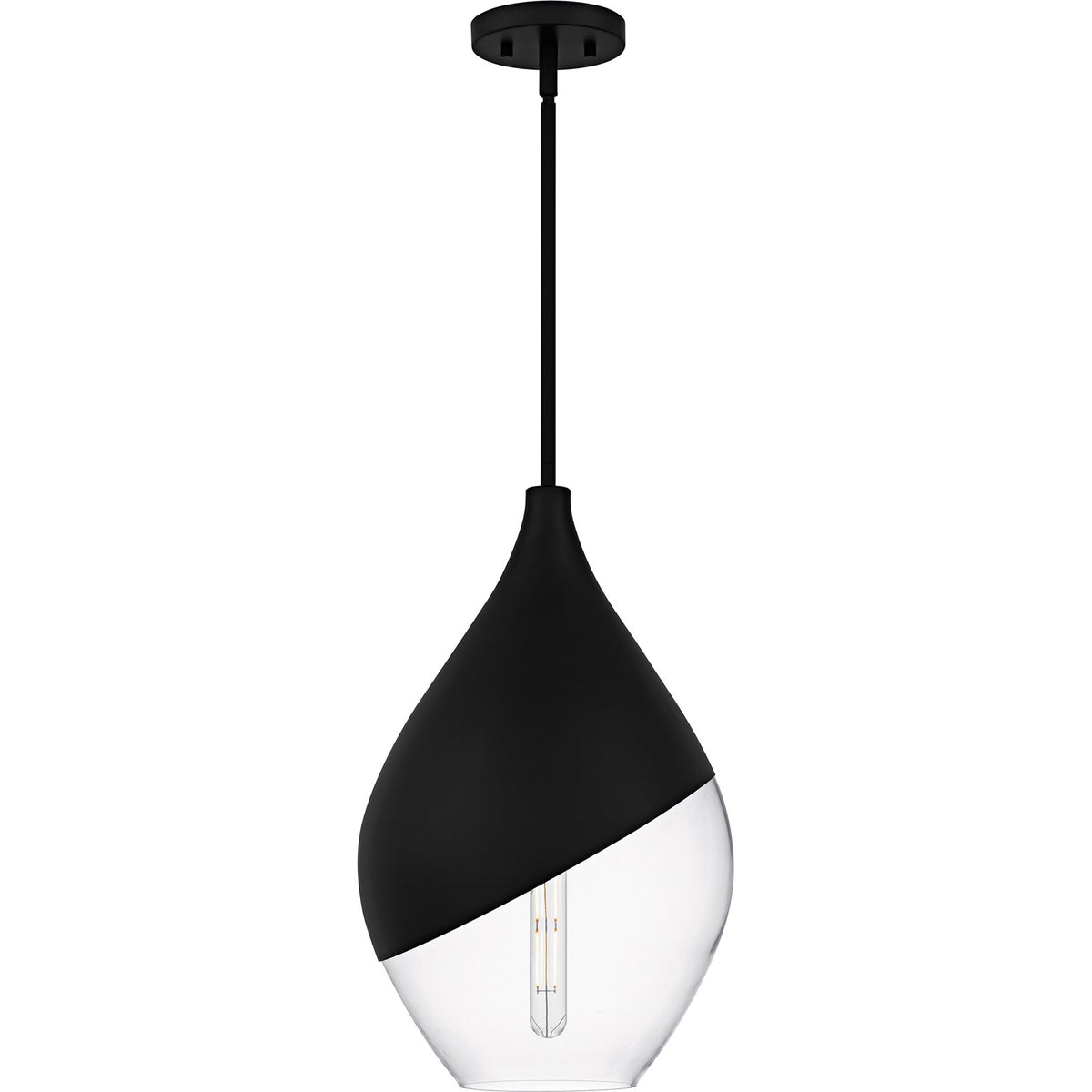 Quoizel Drover 12in 1-Light Pendant | Modern Matte Black and Clear Glass | Kitchen Island & Bar Area | 12 x 12 x 20.25 in | Model QMP6797MBK
