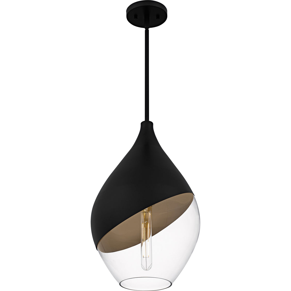 Quoizel Drover 12in 1-Light Pendant | Modern Matte Black and Clear Glass | Kitchen Island & Bar Area | 12 x 12 x 20.25 in | Model QMP6797MBK