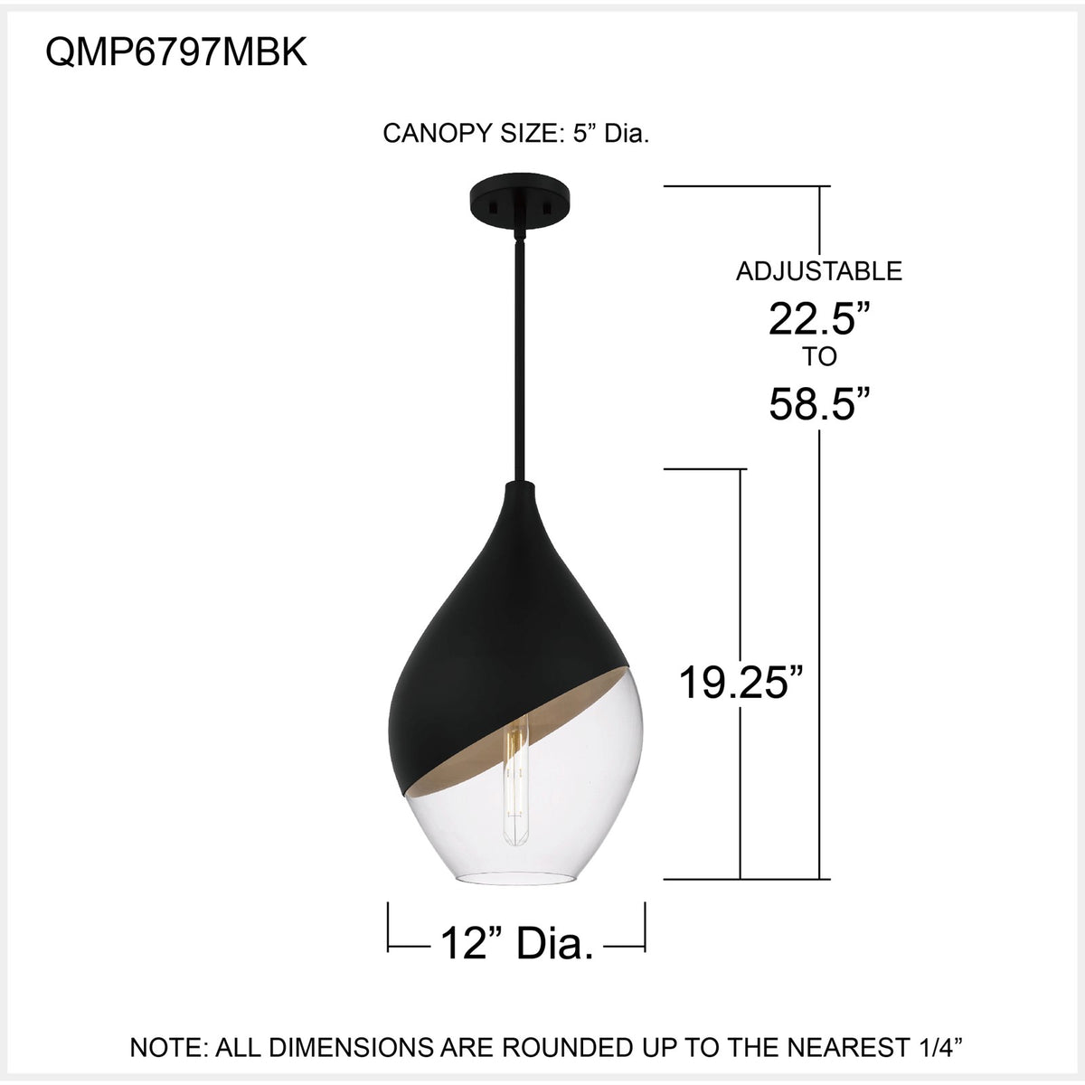 Quoizel Drover 12in 1-Light Pendant | Modern Matte Black and Clear Glass | Kitchen Island & Bar Area | 12 x 12 x 20.25 in | Model QMP6797MBK