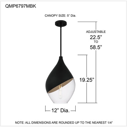 Quoizel Drover 12in 1-Light Pendant | Modern Matte Black and Clear Glass | Kitchen Island & Bar Area | 12 x 12 x 20.25 in | Model QMP6797MBK