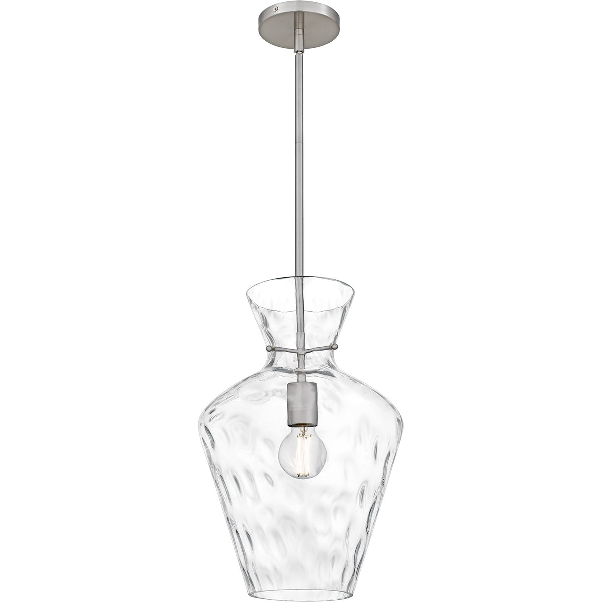 Quoizel Hollis 12in 1-Light Pendant | Transitional Brushed Nickel and Clear Water Glass | Kitchen Island & Bar Area | Model QMP6806BN