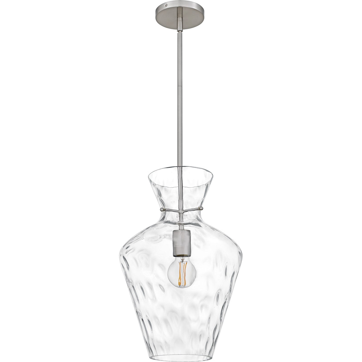 Quoizel Hollis 12in 1-Light Pendant | Transitional Brushed Nickel and Clear Water Glass | Kitchen Island & Bar Area | Model QMP6806BN