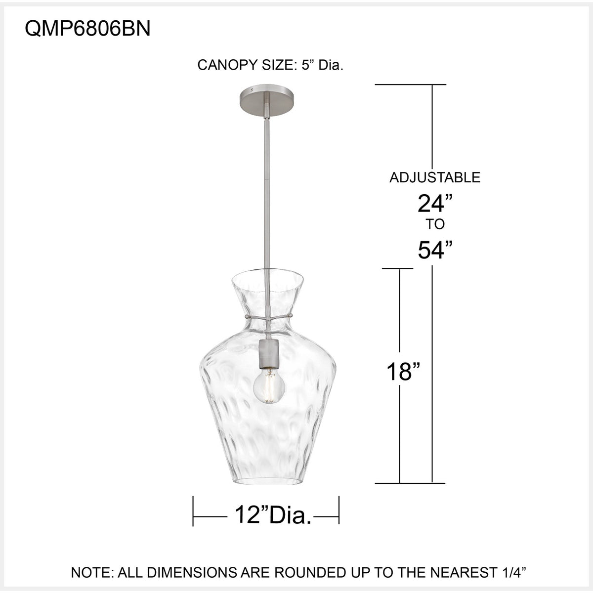 Quoizel Hollis 12in 1-Light Pendant | Transitional Brushed Nickel and Clear Water Glass | Kitchen Island & Bar Area | Model QMP6806BN